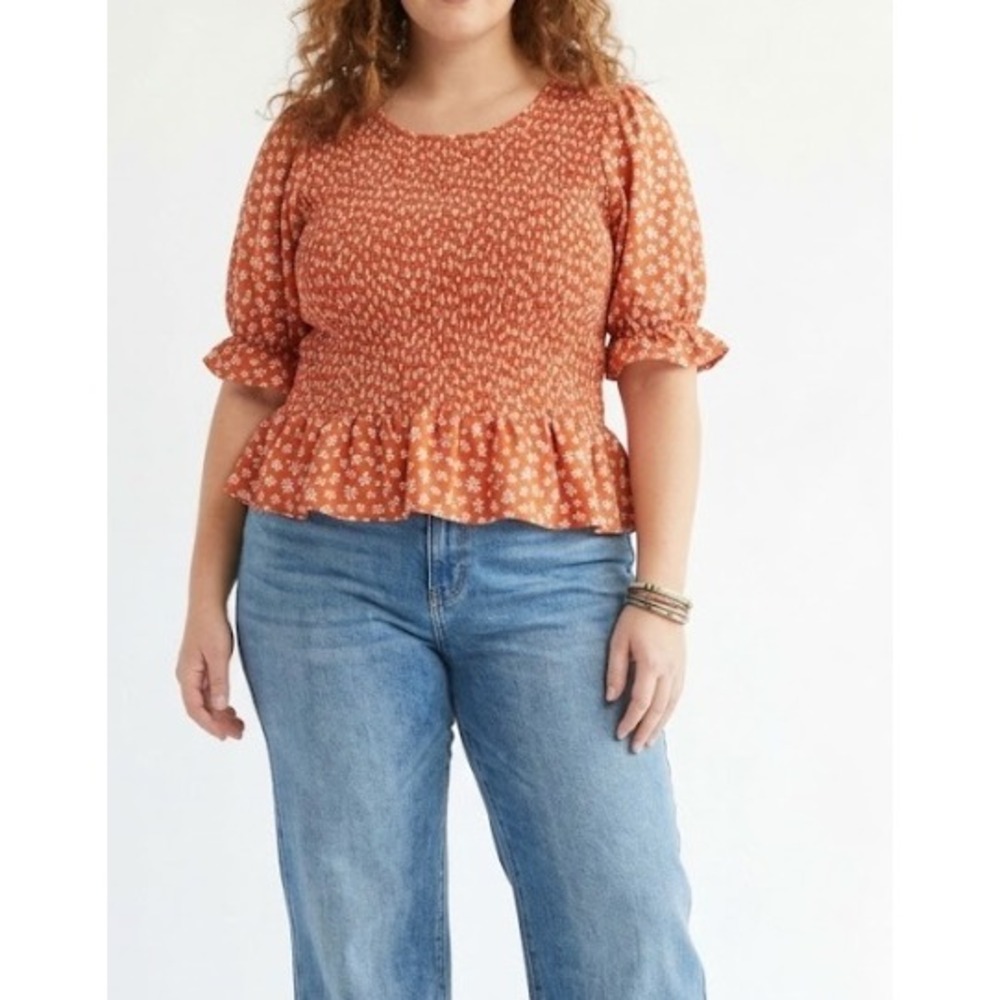 New Melloday Smocked Peplum Top Large Orange Floral Puff Sleeve Blouse Boho